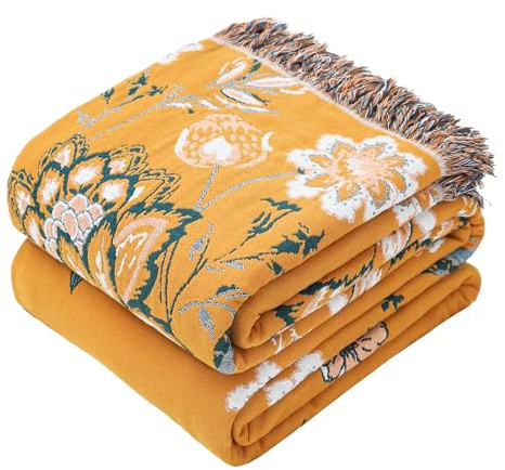 VANJOROY Bohemian Sofa Große Bett Überwurfdecke, 100% Bio-Baumwolle Weich Doppelseitig Boho Überwurf für 2 3 Sitzer Sofas Sessel Couch und Tagesdecke. 230x250cm-Gelb