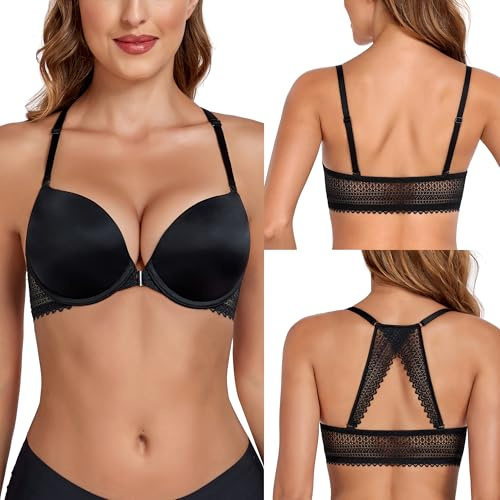 Lemorosy Soutien-Gorge Femme Push-up Profonde V Rembourré Fermeture Devant Dos-Nageur à Armature pour Grande Taille T-Shirt Bra Dentelle (Noir,90B)