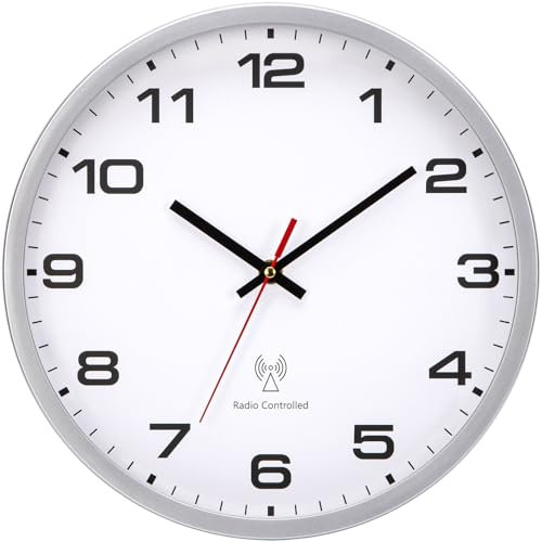Warminn Funkuhr Wanduhr 30cm Quarz Batterie Betriebene Groß Wanduhr Einfach zu Lesen für Zimmer Zuhause KüChe Schlafzimmer Büro Schule (Weiß + Silber, 30cm)