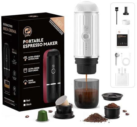 HAILASRE Electric Portable Espresso Machine,Travel Camping Coffee Maker, 12v Car Coffee Machine with Self-Heating, 19bar High Presseur Rich Crema, with Ground Coffee & NS Capsule （White）