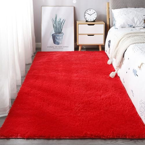 Hochflor Teppich 190 x 400 cm Langlebig Und Strapazierfähig Teppich Rechteckig Verschiedene Größen Und Designs für Kinderzimmer, Rot