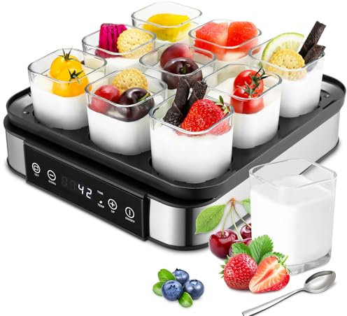 Yogurtera, Yogurtera Eléctrica, Maquina Para Hacer Yogur Casero, Yogurtera para Yogur, Queso Fresco y Queso Crema, con 9 Tarros de 170 ml con Tapa, con Temporizador, Termostato Ajustable, 40 W