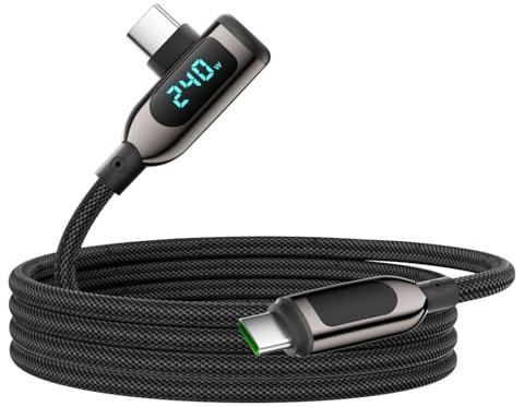 VisionSync Cable USB C a USB C de 240W en Ángulo Recto, 6.6ft, Negro | Cable carga rápida Type C nailon trenzado pantalla LED para iPhone 17/16 Pro Max, Samsung S26/S25 Ultra, MacBook, iPad