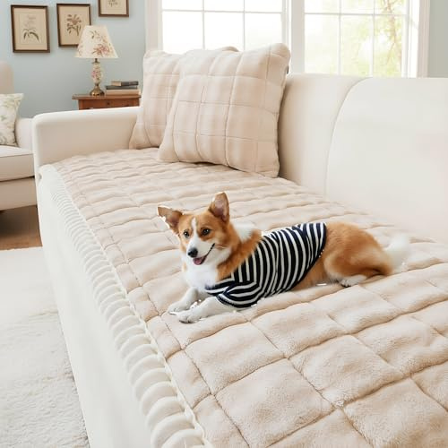 LiveGo Milk Velvet Sofa Cover - Washable Pet-Friendly Couch Cover, Non-Slip Fuzzy Sofa Protector for 2/3/4 Seater, Soft Dog-Resistant Furniture Cover for Living Room (Light brown, 70 * 150cm)