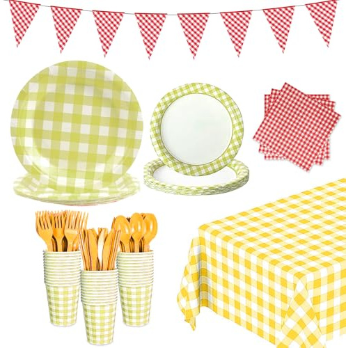 LiveGo 142Pack Party Supplies for 20 Guests Tableware Kits with Banner, Tablecloth, Paper Plates, Cups, Napkins, Cutlery for Birthday Picnic BBQ Wedding Party Decorations