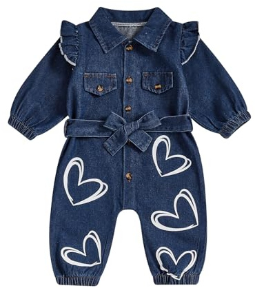 Toddler Baby Girl Romper Denim Clothing Heart Print Long Sleeve Ruffle Button Jumpsuit With Bow Belt Infant Overalls Girls Fall Winter Clothes (Blue, 12-18 Months)