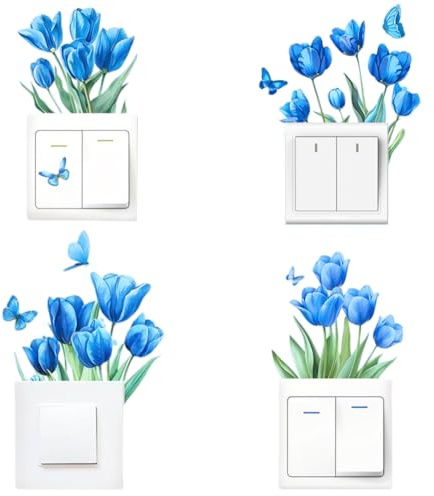 GORGECRAFT 8pz 4 Estilos de Pegatinas de Interruptor de Tulipanes Azules de PVC Enchufes Calcomanías Envolventes con Diseño de Flores de Tulipán Mariposas Pegatinas de Pared Artísticas Impermeables