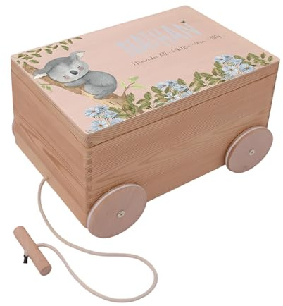 Kidsmood - Spielzeugwagen, personalisiert mit Namen – Spielzeugkiste zum Ziehen, Holzkiste mit Deckel, Aufbewahrungsbox für Baby Spielzeuge, Tolle Erinnerungskiste Baby, Geschenk zur Geburt & Taufe