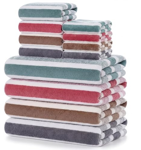 Newwiee 12 Pcs Stripe Bath Towel Sets Microfiber Bathroom Sheet Set Included 4 Highly Absorbent Soft Quick Dry Shower Bath Towels 4 Hand Towels 4 Washcloths for Bathroom, Hotel, Gym and Spa