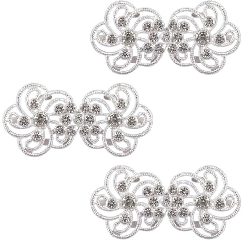 WANDIC Umhang-Verschlüsse, 3 Paar, 2,7 x 5,5 cm, silberfarbene Diamant-Blume, Pullover, Schal-Clip für Kleidung, Haken und Ösen, Froschverschlüsse (erfordert Nähen)