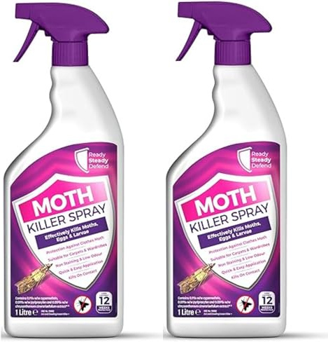 Moth Killer Spray 2x1 Litre | Effective Moth Repellent for Carpets, Clothes, Wardrobes & More | Low Odour & Non-Staining Formula | Kills Moths on Contact | Protects Against Infestations | Easy to Use