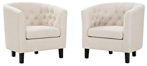 MAKLAINE Tufted Fabric Upholstered Armchair, Beige Polyester Finish, Set of 2, Chesterfield Style, Espresso Stained Wood Legs, Deep Button Tufting, Foam Padding, Living Room Accent Chair