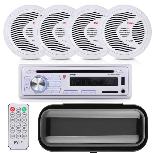 Pyle Marine Stereo Receiver Speaker Kit - In-Dash LCD Digital Console Built-in Bluetooth & Microphone 6.5” Waterproof Speakers (4) w/ MP3/USB/SD/AUX/FM Radio Reader & Remote Control -PLCDBT85MRW