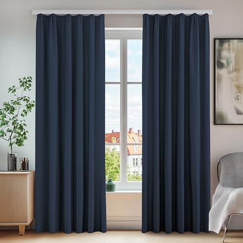 Deconovo Cortinas Opacas antiruit con Cinta Fruncida para Invierno, 260 x 140 cm (Altura x Ancho), Color Azul Oscuro