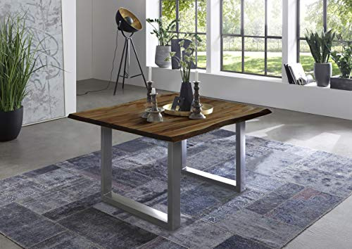 SAM Esszimmertisch 80x80 cm Quintus, echte Baumkante, Baumkantentisch nussbaumfarben, massiver Esstisch aus Akazienholz, U-Metallgestell Silber