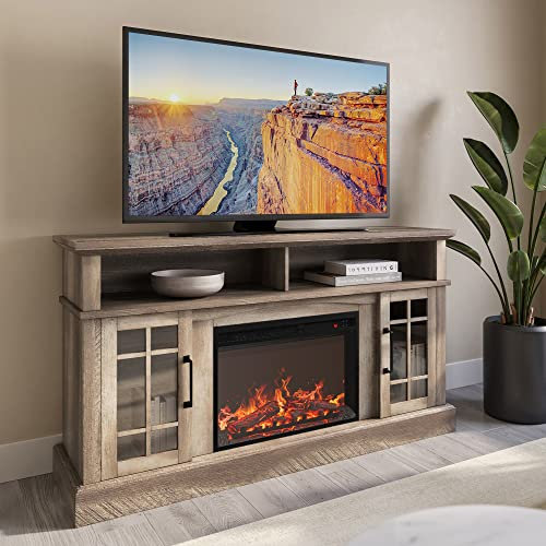 BELLEZE - Soporte de TV rústico de 58 Pulgadas con Calentador eléctrico de Chimenea de 23 Pulgadas, Mesa de Consola Central de Entretenimiento Multimedia para TV de hasta 65 Pulgadas con estantes y