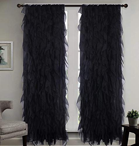 Sapphire Home Cascade Curtain Panels - Ruffled Curtains for Bedroom, Sheer Voile Panels with Vertical Ruffles, Perfect Room Decor, Lush, Pretty & Romantic, Ruffle Curtains 2 Panels, Cascade 63 Black