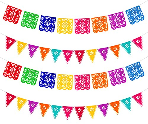 Qpout Mexikansk Fiesta festdekorationer, 4 st Mexiko-temadekorationer banderoll filt papel picado, Cinco de Mayo dekorationer, de dödas dag dekorationer, baby shower barn födelsedag inomhus utomhus
