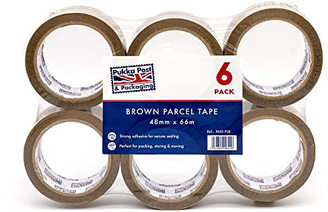 Pukka Post, Strong Adhesive Parcel Tape for Secure Sealing – Perfect for Packing, Storing, and Moving – Brown, 48mm x 66m – 6-pack
