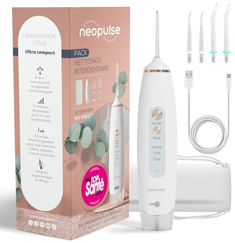 NEOPULSE® My First Ultra-Compact Dental Jet - 2-i-1-4 kanyler, 6 justerbara tryck, 165 ml avtagbar tank - tar bort plack, rengör ortodontiska apparater - vit