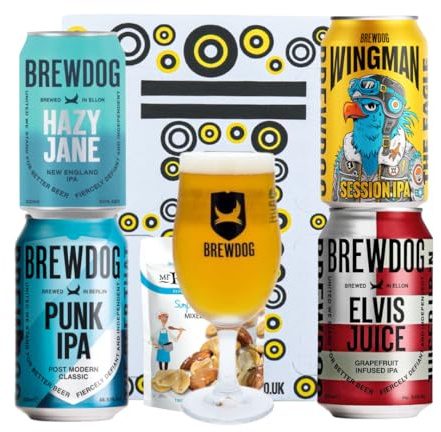 Brewdog UK Craft Beer 4 Can Gift Set with Branded Glass - Beers and Lagers Offers Mens Gifts for Birthday Gifts for Men Adults Hampers for Men and Women, Craft Beer Gift Set