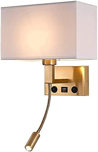 VETCS Lampade da parete moderne con porta di ricarica USB Applique da parete in oro Lampada da parete in tessuto Paralume Interruttore on/off Faretti da lettura for montaggio a parete a LED for came