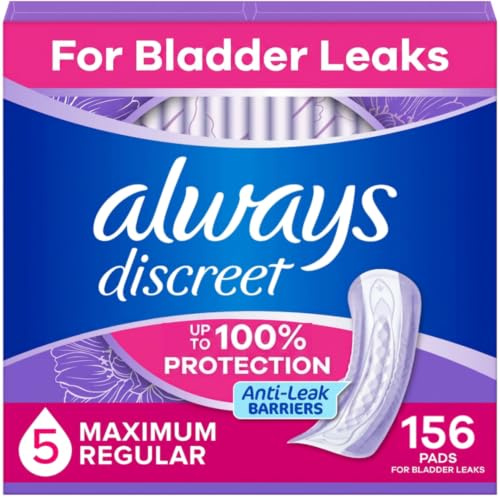 Always Discreet Adult Incontinence Pads for Women, Drier, 5 Drop Long Length, Heavy Absorbency, Pads for Bladder Control Management, Bladder Leaks, & Postpartum Pads, 156ct