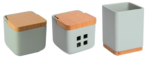 KOOK TIME Set d'accessoires de cuisine - comprend 1x Pot a sel, 1x Porte ustensiles de cuisine et 1x Pot d'ail - Céramique vert sauge et base et dessus en bambou