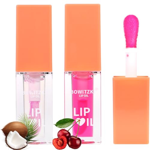Bowitzki Lip Oil Glow Gloss Hydrating Getönte Nährende Langanhaltende Lippenbalsam Pflege Feuchtigkeitsspendende Reparierende Aufhellende Lippenlinien Blauer Lotus Tocopherol Squalan (Coconut+Cherry)