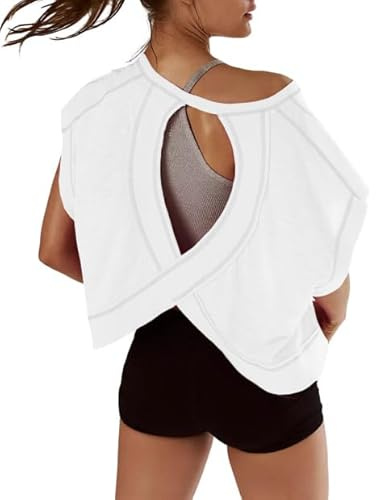 Kumufenc Women Short Sleeve Workout Shirts Open Back Tops Casual Yoga Y2k Athletic Gym Slouchy Crop Running Tees(White,XL)