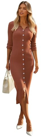 Newshows Women's Brown V-Neck Button Bodycon Dress - Size S, Midi Length