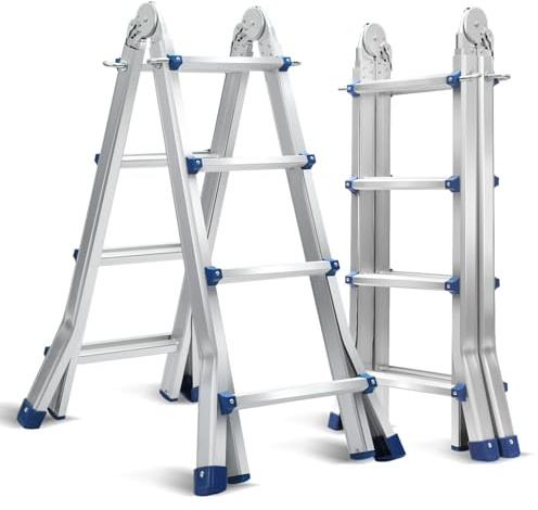 Yakimz Multifunktionsstege 402 cm, 3-i-1 teleskopstege 4 x 4 stegpinnar, hopfällbara stege, aluminiumstege, multifunktionsstege, skjutstege maximal belastning 150 kg