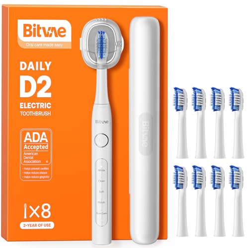 Bitvae D2 Cepillo de Dientes Eléctrico Ultrasónico para Adultos y Niños, Cepillo de Dientes Eléctrico Recargable de Viaje con 8 Cabezales de Cepillo y 5 Modos, Portacepillos de dientes, Blanco