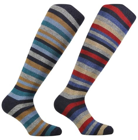 (2 PAIA) Calze uomo lunghe a righe multicolor, calde e morbide in pregiatissimo filato lana-cashmere -100% Made in (Brescia) Italy (A7)
