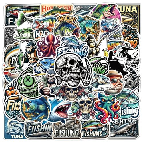 50PCS Adesivi di pesca, Decalcomanie di avventura di pesce all'aperto per la bottiglia d'acqua Notebook Scrapbook, Vinile impermeabile Cool Doodle adesivi