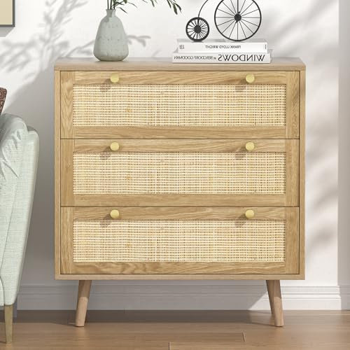 Yvsevnr Natürliches Rattan Kommode Schlafzimmer, Kommode mit 3 Schubladen Eiche, Viel Stauraum, Holz Schubladenkommode für Schlafzimmer Wohnzimmer Flur Komodenschrank 80 x 40 x 91.4 cm
