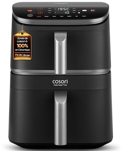 COSORI Air Fryer 10.8L Turbo Tower Pro,Friteuse sans huile avec 100% en Céramique, Double Stack, Dual Blaze&Turbo Blaze,3 Niveaux Cuisson,7 Fonctions de Cuisson,68% d’Économie d’Énergie,300+ Recettes