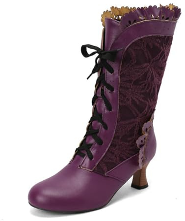 HQINGAXU Femmes Bottes Hautes Lacets Mode Rétro Talons Hauts Bottes Victoriennes Bout Rond Bottes Courtes Extérieures Talon Bloc Épais Bottes Mi-Mollet d'hiver Cuir Bottines,Violet,34 EU