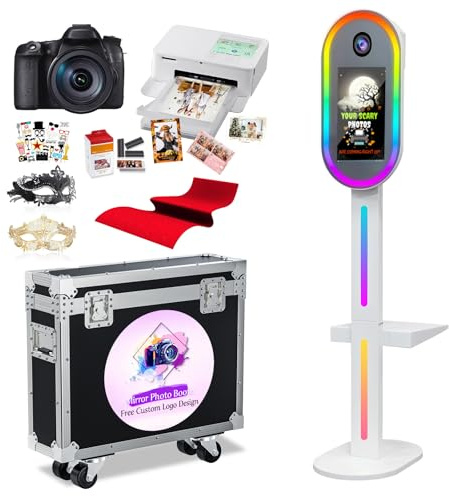 Appareil photo reflex numérique portable avec appareil photo et imprimante, miroir ovale de 39,6 cm, lumières RVB pour fêtes, mariages, locations, événements de Noël (blanc, 39,6 cm + appareil photo +