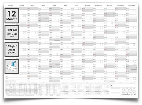 Kalenderoutlet XXL 2 DIN A0 Jahresplaner 2026, Kalender, Wandkalender 12 Monate grau 84x118cm grosser Wandplaner 2026, Jahreskalender 135g Papier gefaltet in deutscher Sprache