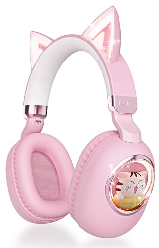 Casque Audio Enfant avec Oreilles de Chat, Bluetooth 5.4 Over-Ear avec Réduction de Bruit, Microphone, Limitation de Volume à 85 dB, Sans Fil ou Câble Jack 3,5 mm, pour Voyage, iPad, Tablette