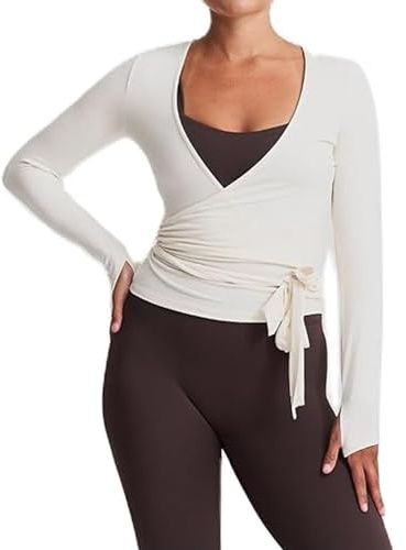 BABWWNIX Y2k Ballet Pilates Wrap Top for Women Long Sleeve Deep V Neck Tie Front Workout Yoga T Shirt Blouses Sports Tops (C-White, M)