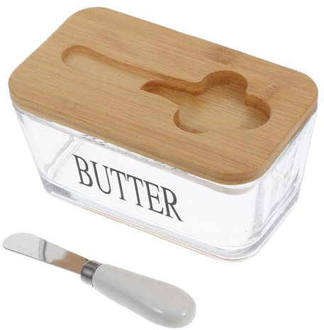 MUCKLILY Mantequillero Hermético de Cristal con Tapa de Bambú y Cuchillo para Refrigerador, Recipiente Grande Multifuncional para Cocina y Mostrador, Set