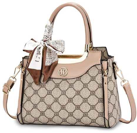 FOLOVEYA Handtasche Damen Elegant Henkeltaschen Schultertasche Leder PU Frauen Umhängetasche mit Retro Geometric Pattern Modische Taschen für Büro Arbeit Shopping Khaki