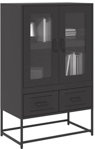 Modernes Sideboard, Metall Kommode mit 2 Schubladen und 2 Türen, Flurschrank Wohnzimmerschrank Beistellschrank für Schlafzimmer Wohnzimmer, Schwarz 68x39x111,5 cm Stahl