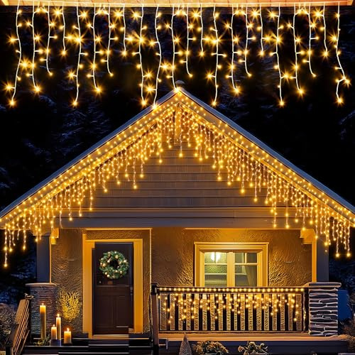 Dazzle Bright Eisregen Lichterkette Außen, 10M 400LED Warmweiß Lichterkette mit Timer und 8 Modi, Wasserdicht Weihnachtsbeleuchtung für Weihnachten Balkon Fenster Haus Dachrinne Fenster Geländer