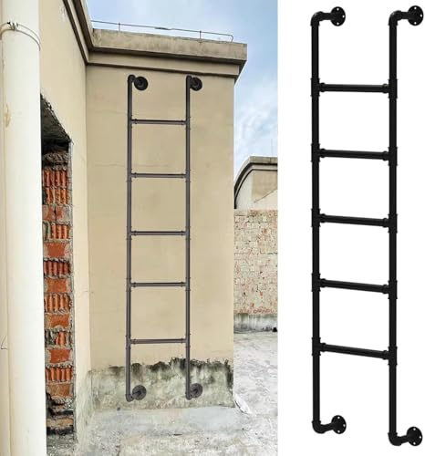 Emergency Egress Ladder for Window Well, 4ft 5ft 6ft 7ft 8ft Wall Mounted Hanging Ladder Black Wrought Iron Fire Escape Ladder Safety Climbing Ladder for Basement Outside Walls(1.