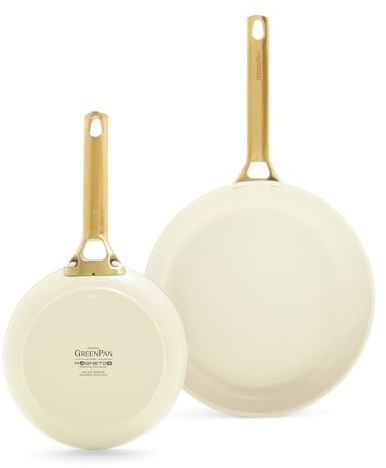 GreenPan Reserve Hartanodisierte gesunde keramische Antihaft-Bratpfannen-Set mit 20 und 26 cm Durchmesser, Goldgriff, PFAS-frei, Induktion,spülmaschinenfest,backofenfest,Muttertagsgeschenk,Cremeweiß