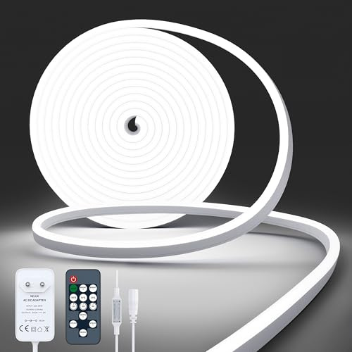 NELUX Tira Neon LED Impermeable y Flexible para Exterior o Interior de 5m y Blanco Frio 6500K, Luces LED Neón Flex Regulable. Incluye Mando a Distancia para Controlar Brillo y Adaptador 24V