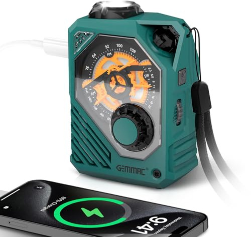 Gemmac Mechanische Notfallradio mit Bluetooth/USB Flash Drive/TF Anschlus, AM/FM/SW Kleines Kurbelradio mit Taschenlampe/SOS, 2000mAh Power Bank Küchenradio für Camping/Blackout/Survival Ausrüstung
